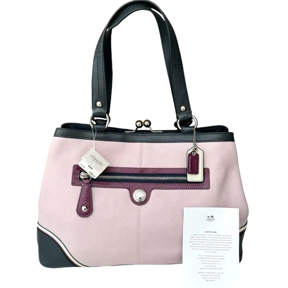 🆕 Coach Laura Spectator Shoulder Bag Satchel Kiss Lock Lavender Leather - Picture 3 of 17